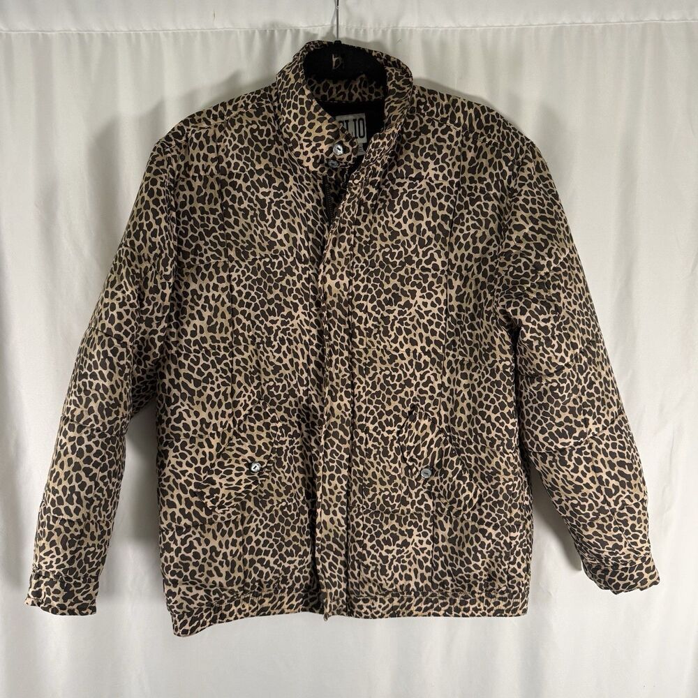 CLIO Silk Jacket Women's Small Brown Cheetah Print Full Zip Button Pockets